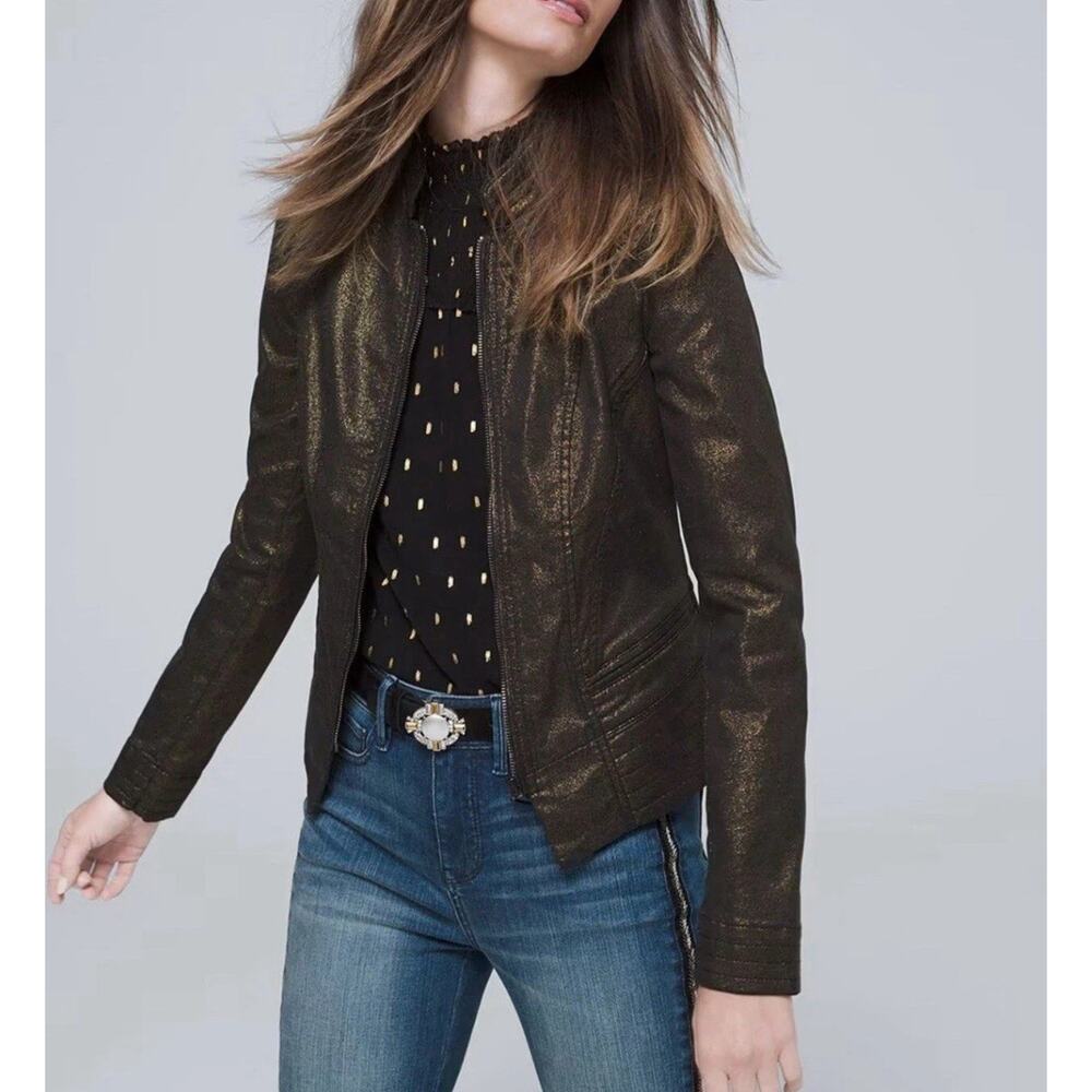 NWT White House Black Market Gold Metallic Biker Moto Jacket Size 00
